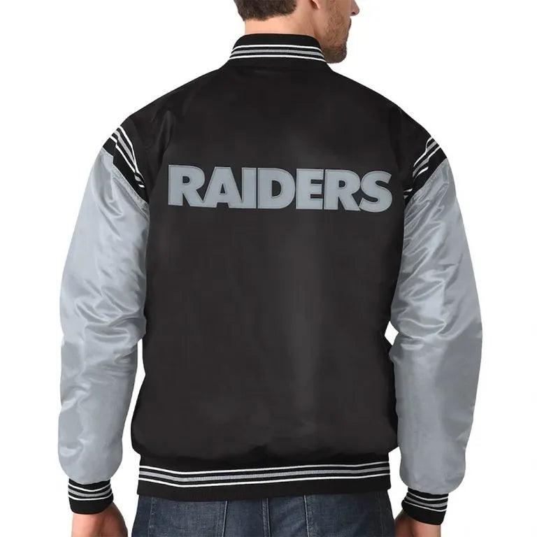 Los Angeles Raiders Enforcer Full-Snap Varsity Black and Grey Satin Men's Bomber Jacket
