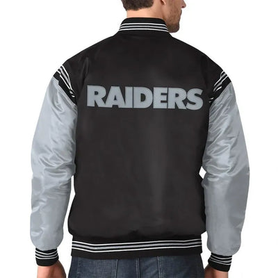 Los Angeles Raiders Enforcer Full-Snap Varsity Black and Grey Satin Men's Bomber Jacket