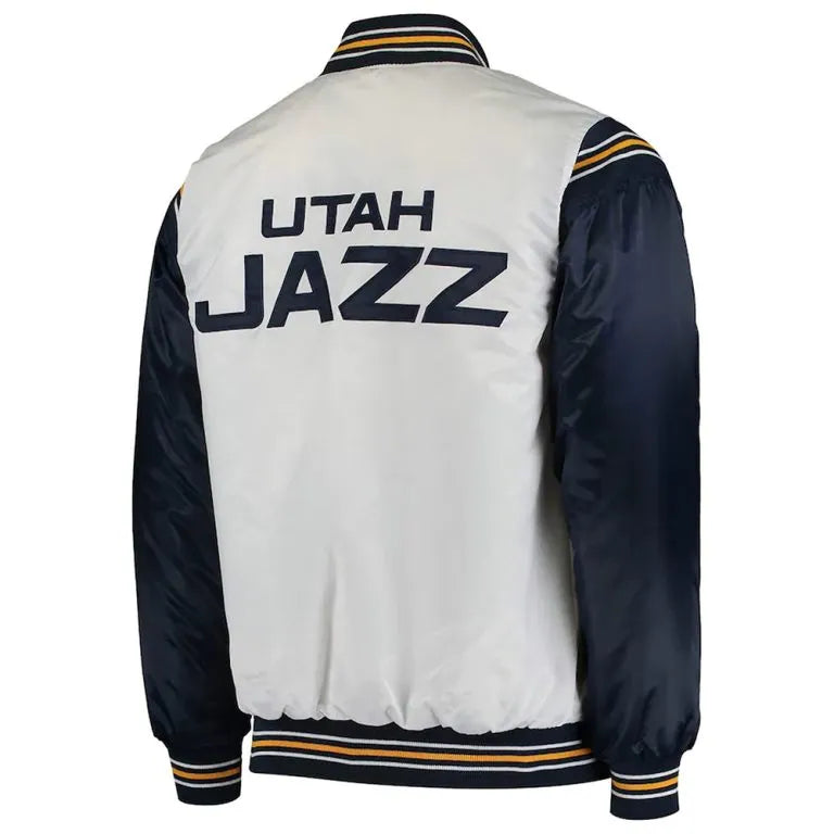 Utah Jazz Renegade Full-Snap Varsity White & Navy Blue Satin Men's Bomber Jacket