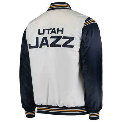 Utah Jazz Renegade Full-Snap Varsity White & Navy Blue Satin Men's Bomber Jacket