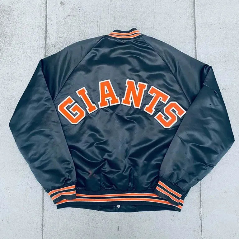 1990’s San Francisco Giants Spellout Full-Snap Navy Blue Satin Bomber Men's Jacket