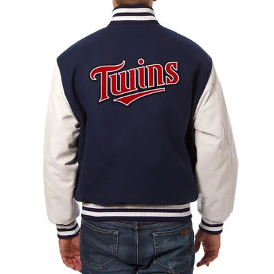 Minnesota Twins Navy Blue Wool & White Leather Sleeves Varsity Men's Jacket