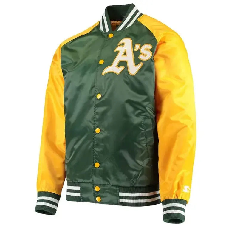 Oakland Athletics Lead Off Full-Snap Varsity Green/Yellow Satin Men's Jacket