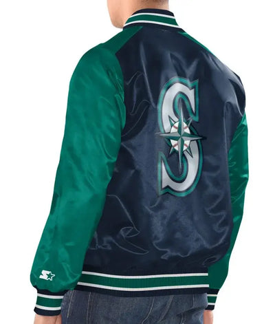 Seattle Mariners Dugout Varsity Full-Snap Navy Blue & Teal Satin Men's Jacket