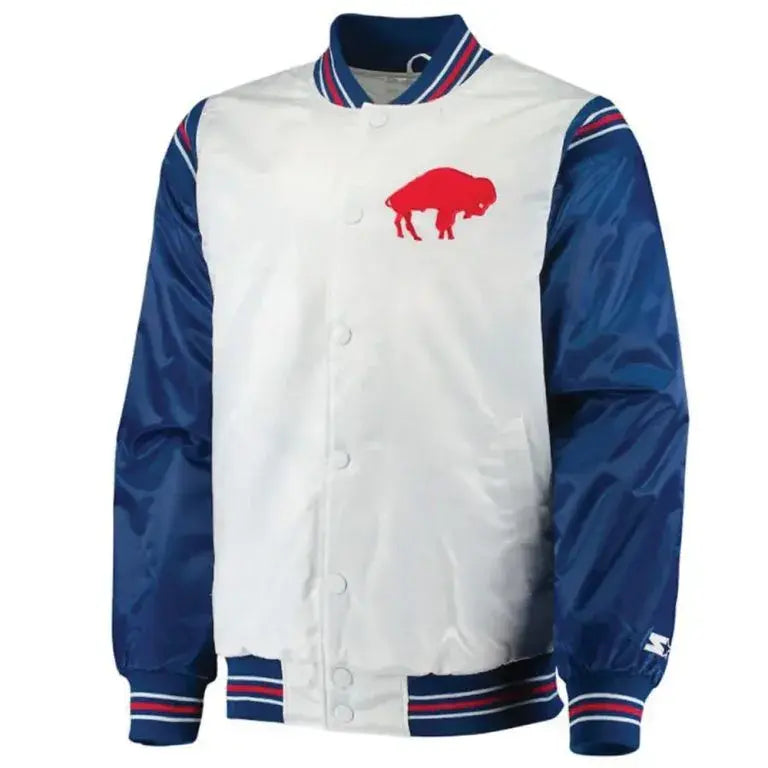 Buffalo Bills Full-Snap Varsity Blue and White Satin Men's Bomber Jacket