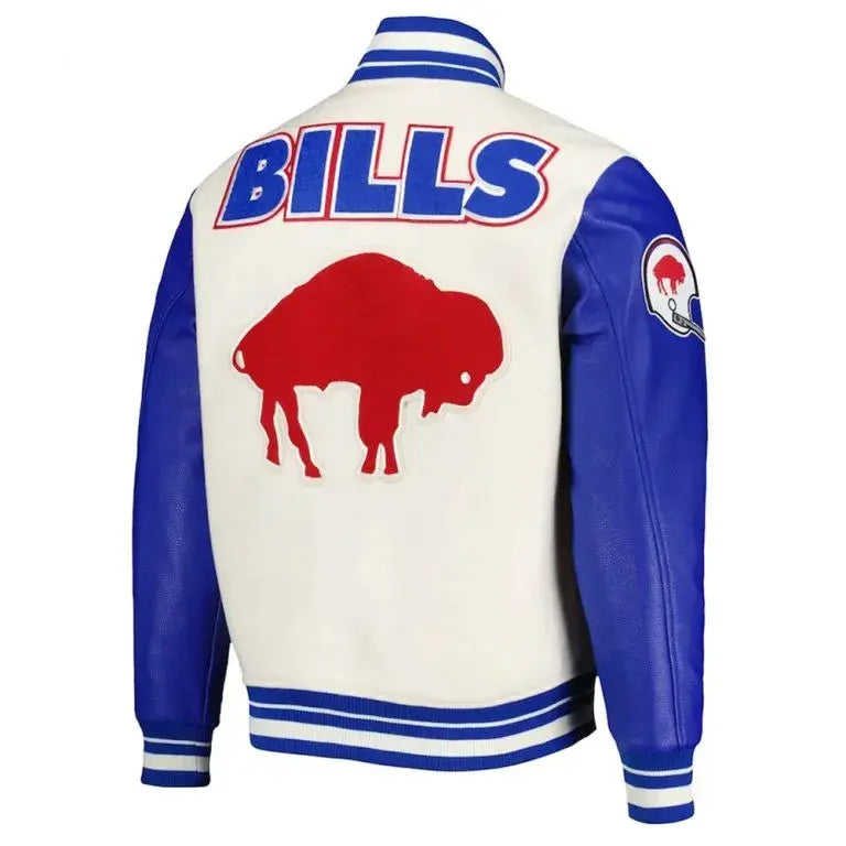 Buffalo Bills Cream Wool and Blue Leather Sleeves Varsity Men's Letterman Jacket