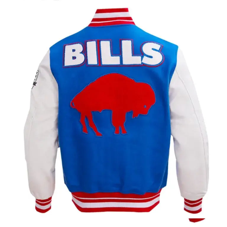 Buffalo Bills Royal Blue Wool and White Leather Sleeves Varsity Men's Letterman Jacket