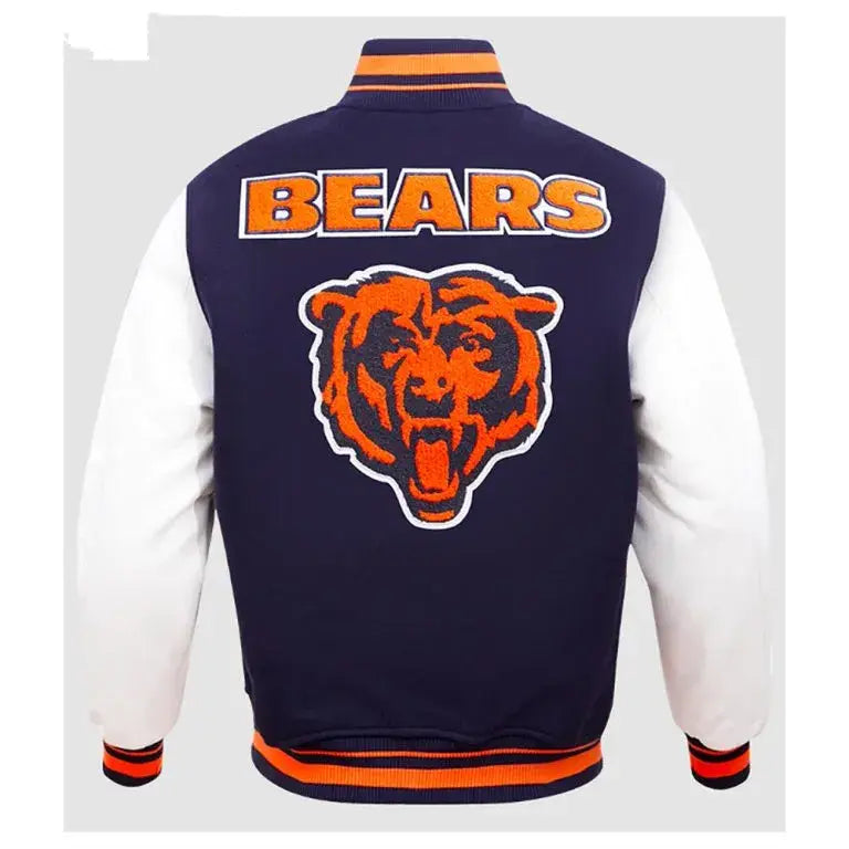 Chicago Bears Navy Blue Wool & White Genuine Leather Sleeves Full-Snap Men's Varsity Jacket