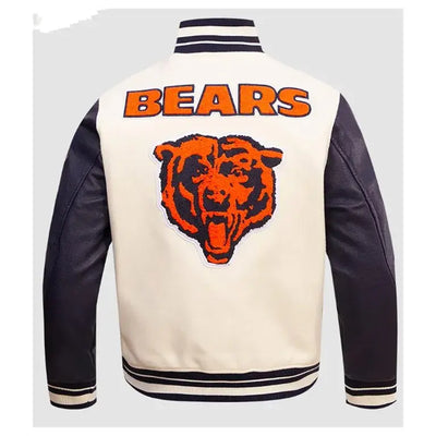 Chicago Bears Off White Wool & Navy Blue Genuine Leather Sleeves Full-Snap Men's Varsity Jacket