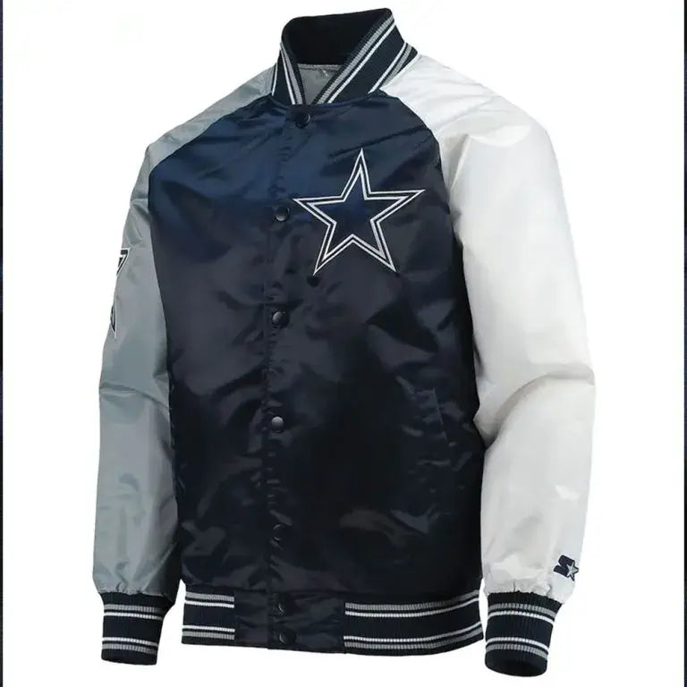 Dallas Cowboys The Tradition II Full-Snap Varsity Blue and Grey Satin Men's Bomber Jacket