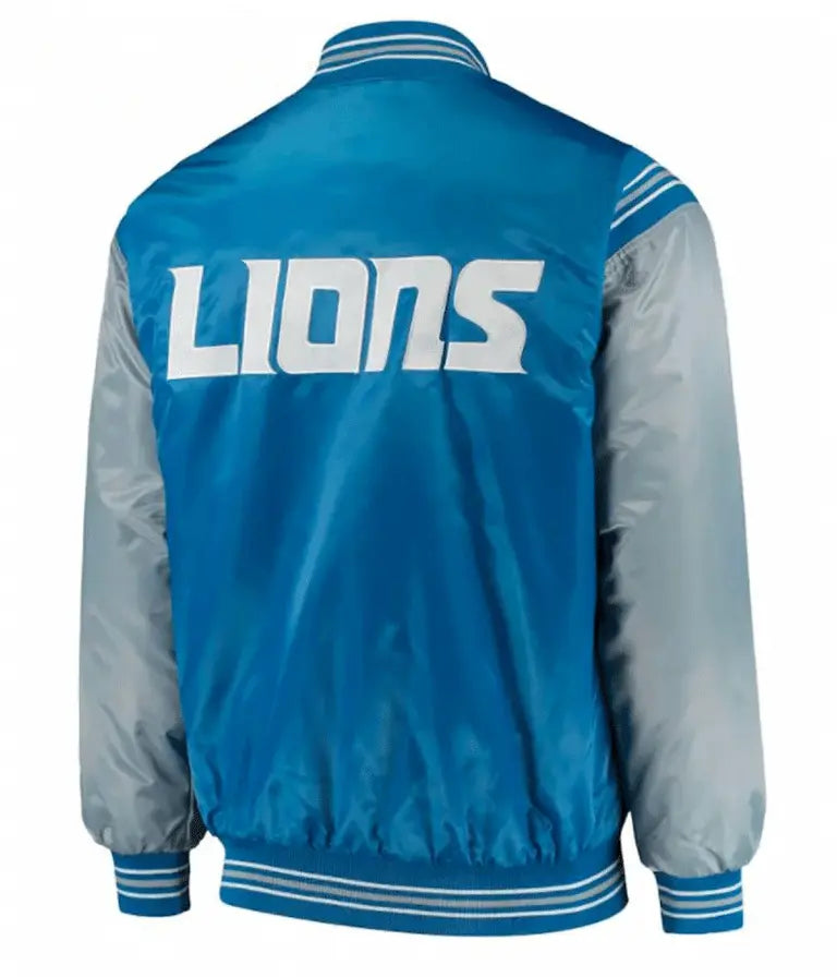Detroit Lions Full-Snap Varsity Blue and Grey Satin Men's Bomber Jacket