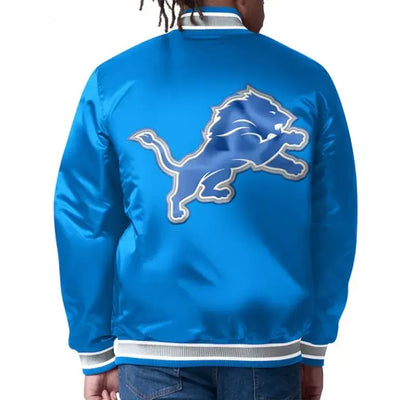 Detroit Lions Closer Full-Snap Varsity Blue Satin Men's Bomber Jacket