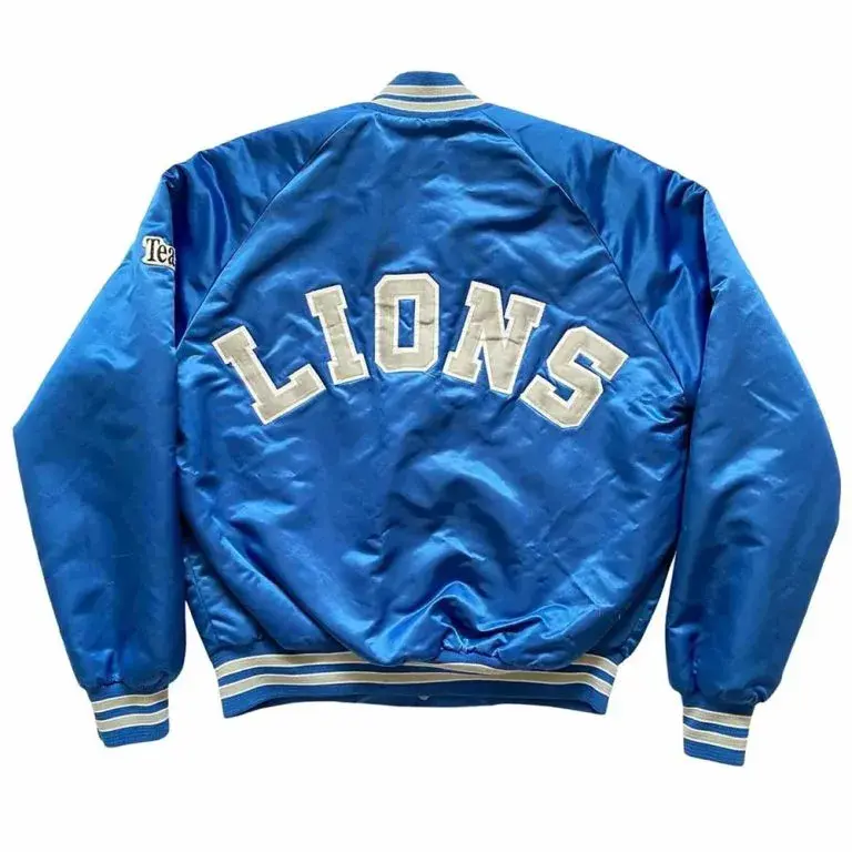 80’s Detroit Lions Full-Snap Varsity Blue Satin Men's Bomber Jacket