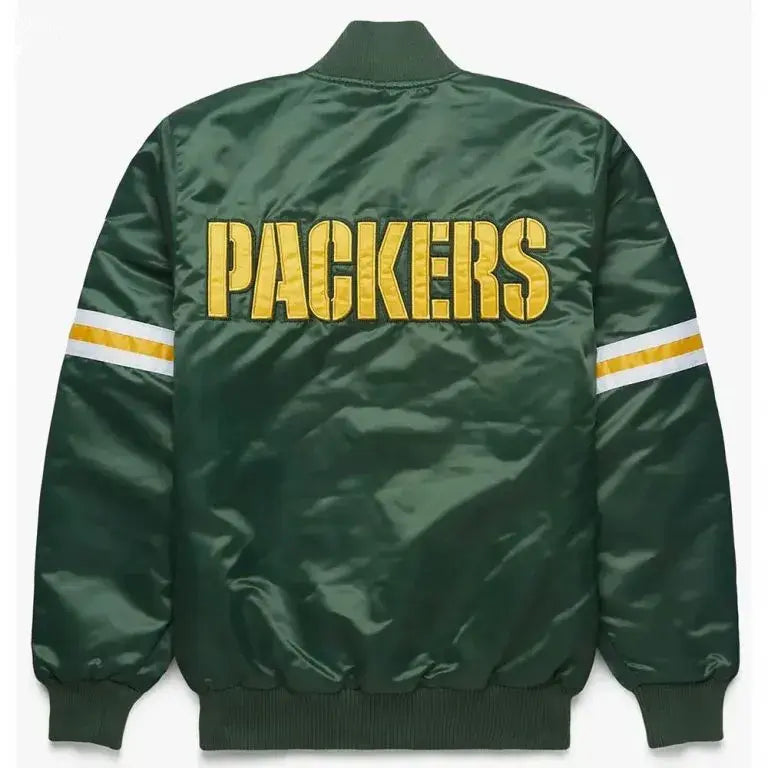 Green Bay Packers Striped Full-Snap Varsity Green Satin Men's Bomber Jacket
