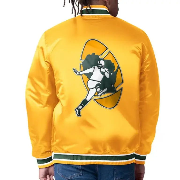 Green Bay Packers Closer Full-Snap Varsity Gold Satin Men's Bomber Jacket