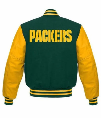 Green Bay Packers Green Wool and Yellow Genuine Leather Sleeves Men's Varsity Letterman Jacket
