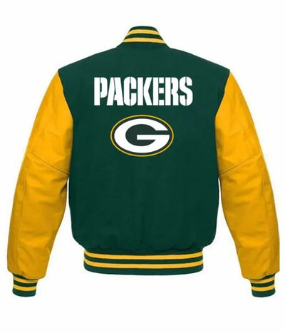 Green Bay Packers Green Wool and Yellow Genuine Leather Sleeves Men's Varsity Letterman Jacket