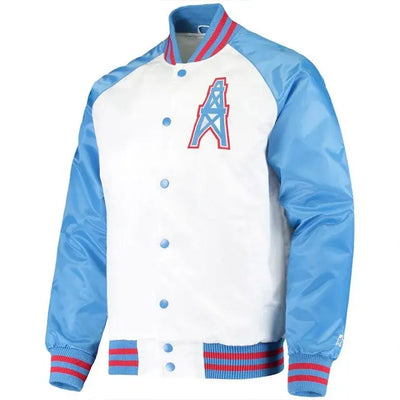 Houston Oilers Throwback Full-Snap Varsity White and Blue Satin Men's Bomber Jacket