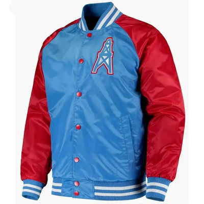 Houston Oilers Throwback Full-Snap Varsity Red and Blue Satin Men's Bomber Jacket