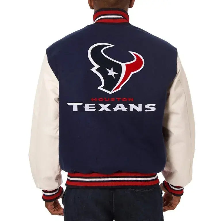 Houston Texans Navy Blue Wool and White Genuine Leather Sleeves Men's Varsity Letterman Jacket