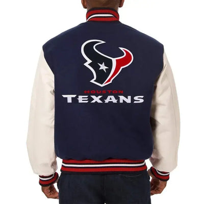 Houston Texans Navy Blue Wool and White Genuine Leather Sleeves Men's Varsity Letterman Jacket