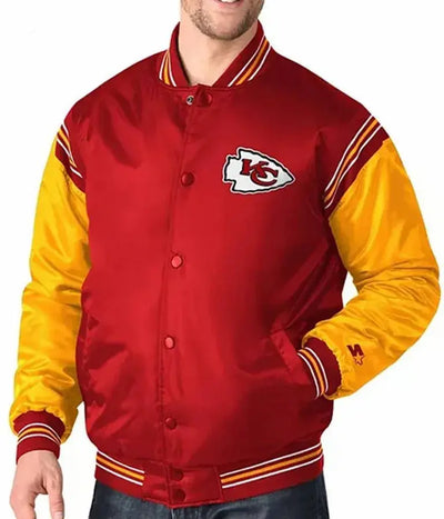 Kansas City Chiefs Full-Snap Varsity Red and Yellow Satin Men's Bomber Jacket
