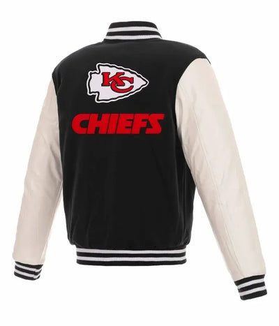 Kansas City Chiefs Black Wool and White Genuine Leather Sleeves Men's Varsity Letterman Jacket