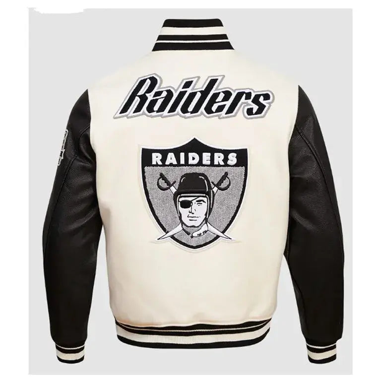 Los Vegas Raiders Retro Classic Rib Off-White Wool and Black Genuine Leather Sleeves Men's Varsity Letterman Jacket