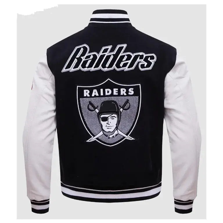 Los Vegas Raiders Retro Classic Rib Black Wool and White Genuine Leather Sleeves Men's Varsity Letterman Jacket