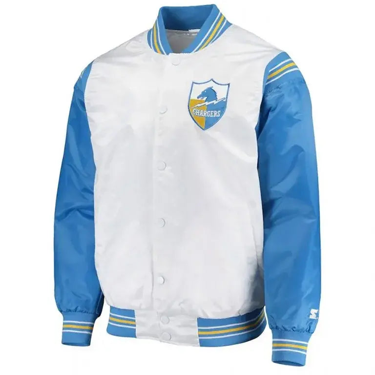 Los Angeles Chargers Renegade Throwback Full-Snap Varsity White and Powder Blue Satin Men's Bomber Jacket