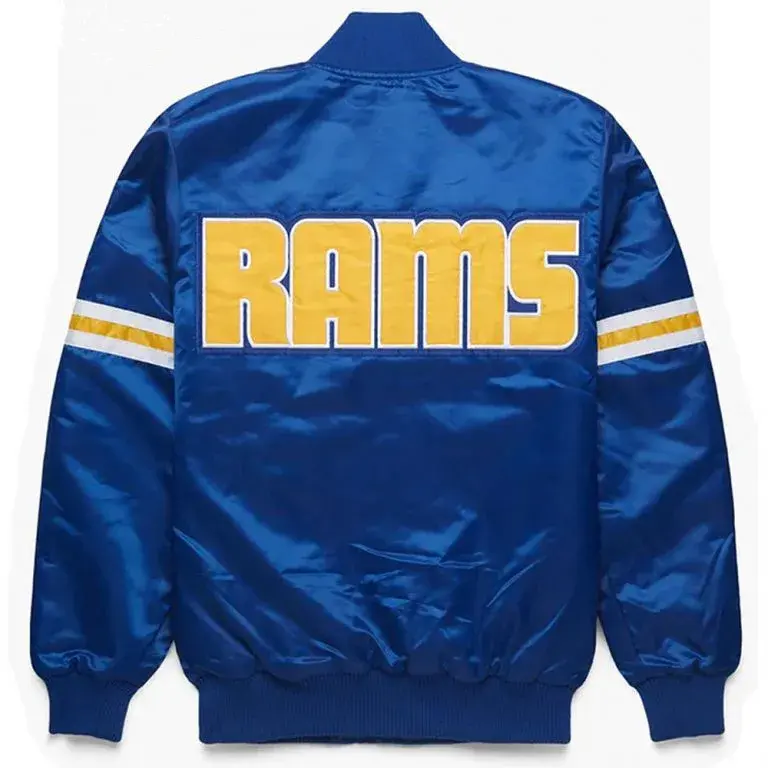 90’s Los Angeles Rams Full-Snap Varsity Royal Blue Satin Men's Bomber Jacket