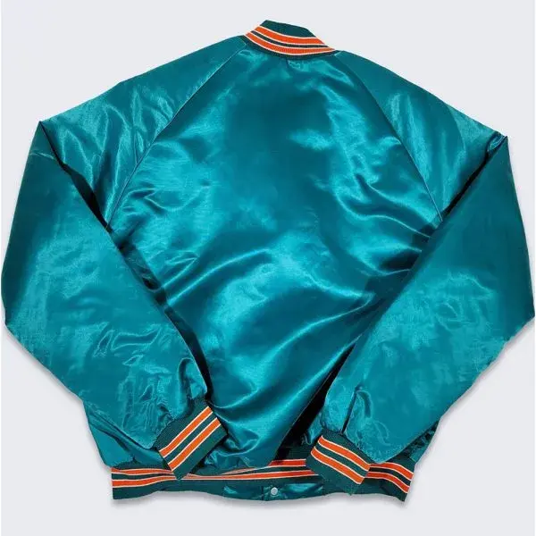 80s Miami Dolphins Full-Snap Varsity Teal Satin Men's Bomber Jacket