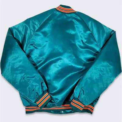 80s Miami Dolphins Full-Snap Varsity Teal Satin Men's Bomber Jacket