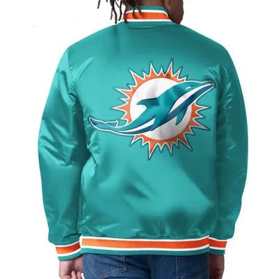 Miami Dolphins Closer Full-Snap Varsity Aqua Satin Men's Bomber Jacket
