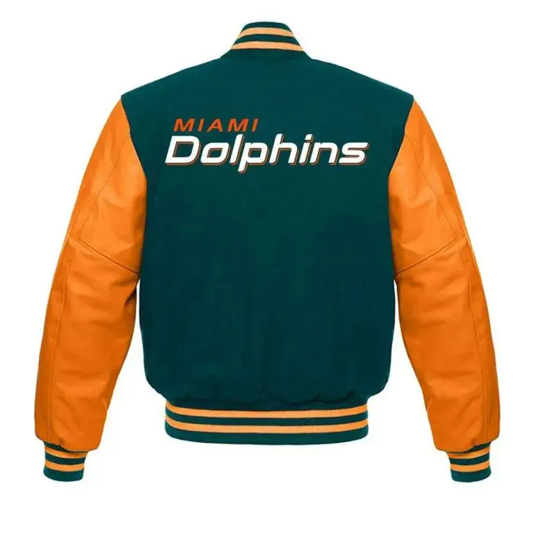 Miami Dolphins Green Wool and Orange Genuine Leather Sleeves Men's Varsity Letterman Jacket