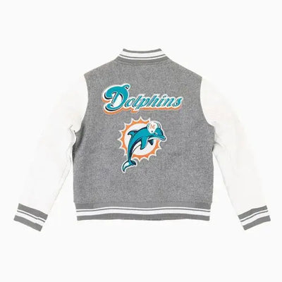 Miami Dolphins Gray Wool and White Genuine Leather Sleeves Men's Varsity Letterman Jacket