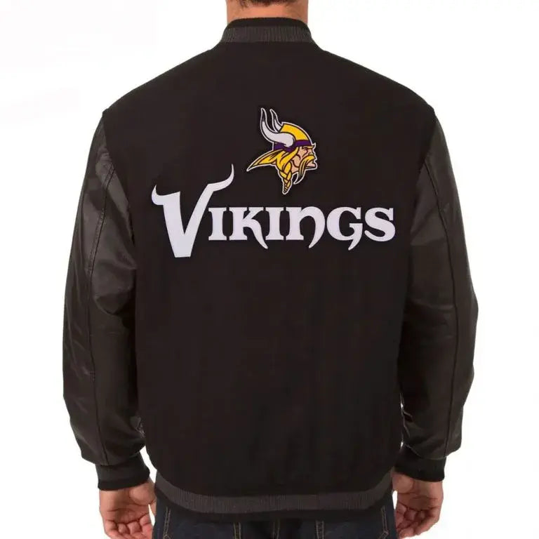 Minnesota Vikings Black Wool and Genuine Leather Sleeves Men's Varsity Letterman Jacket