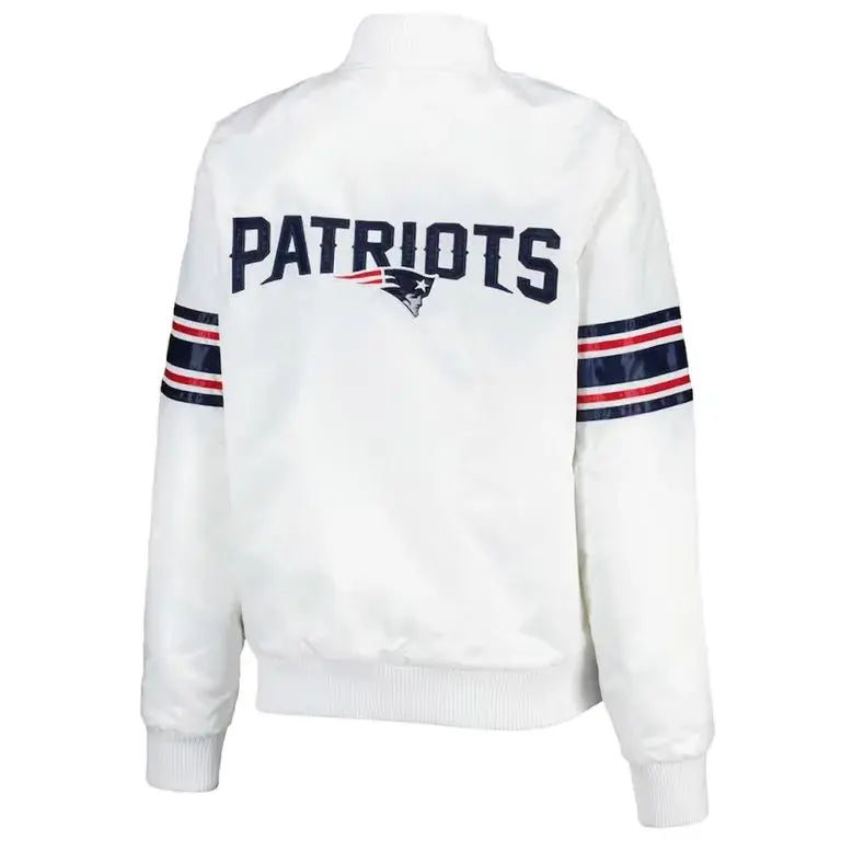 New England Patriots The Power Forward Full-Snap Varsity White Satin Men's Bomber Jacket