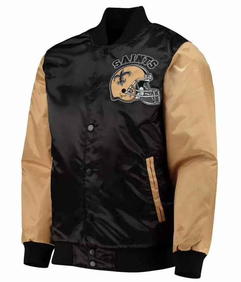 New Orleans Saints Throwback Full-Snap Varsity Black and Brown Satin Men's Bomber Jacket