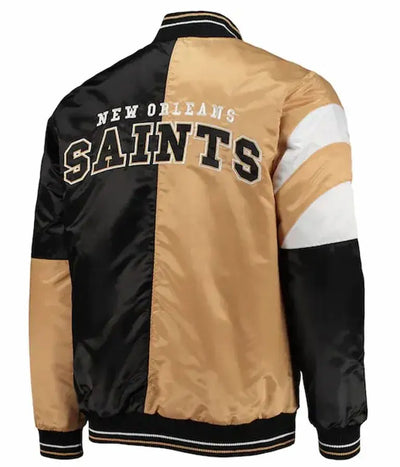 New Orleans Saints Throwback Full-Snap Varsity Black and Brown Satin Men's Bomber Jacket