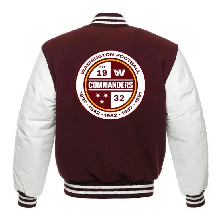 Washington Commanders Maroon Wool & White Genuine Leather Sleeves Men's Varsity Letterman Jacket