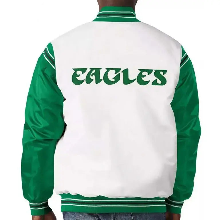 Philadelphia Eagles Renegade Logo Full-Snap Varsity Green and White Satin Men's Bomber Jacket