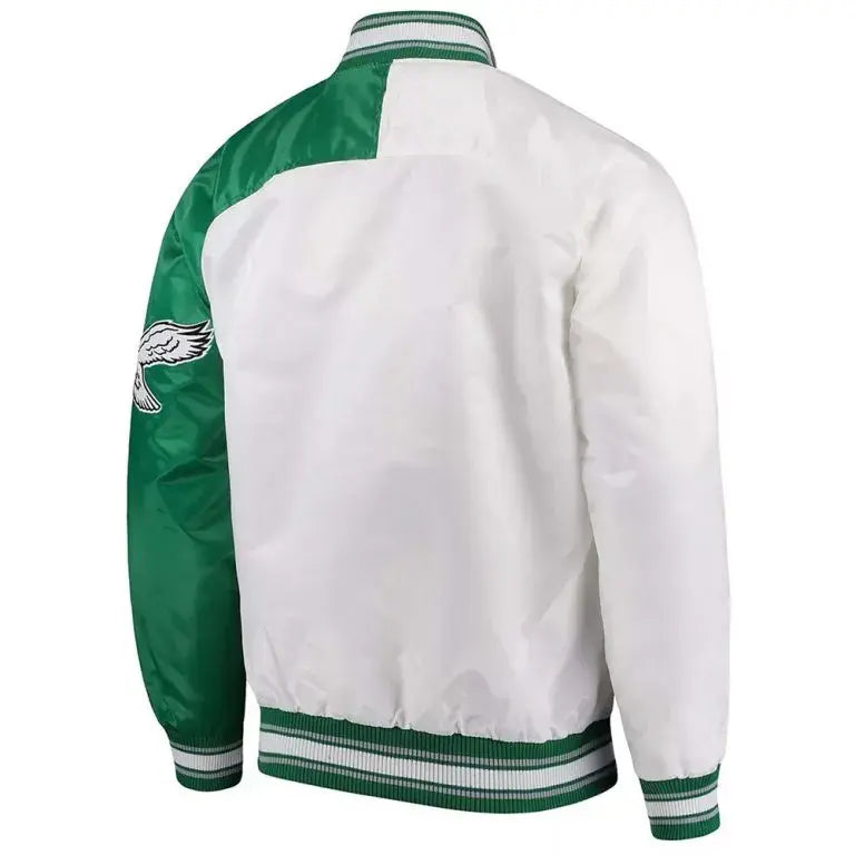 Philadelphia Eagles Renegade Logo Full-Snap Varsity Green and White Satin Men's Bomber Jacket