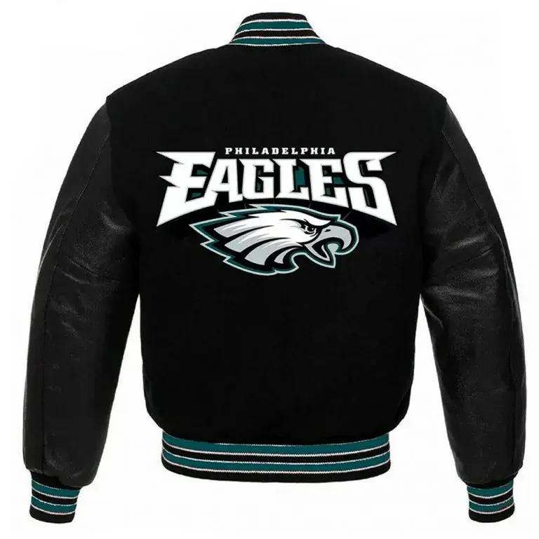 Philadelphia Eagles Black Wool & Genuine Leather Sleeves Men's Varsity Letterman Jacket