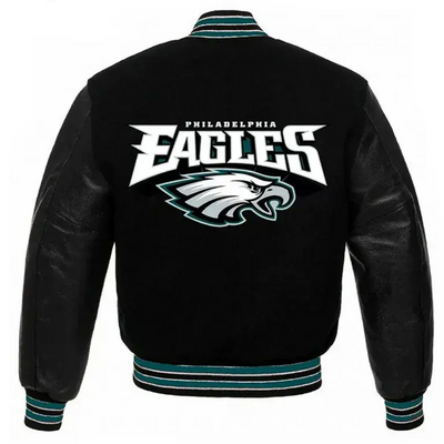 Philadelphia Eagles Black Wool & Genuine Leather Sleeves Men's Varsity Letterman Jacket