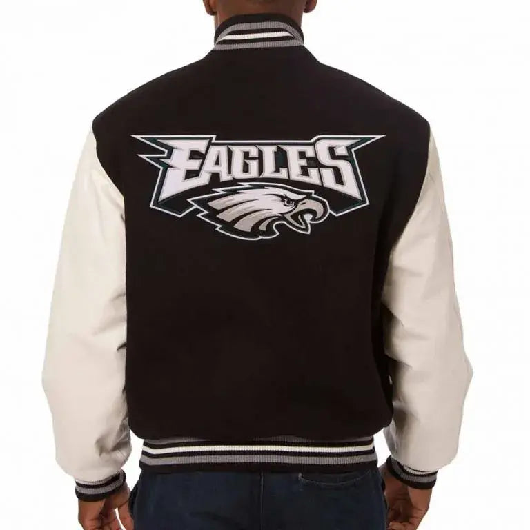 Philadelphia Eagles Black Wool & White Genuine Leather Sleeves Men's Varsity Letterman Jacket