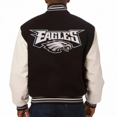 Philadelphia Eagles Black Wool & White Genuine Leather Sleeves Men's Varsity Letterman Jacket