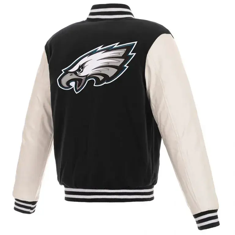 Philadelphia Eagles Black Wool & White Genuine Leather Sleeves Men's Varsity Letterman Jacket