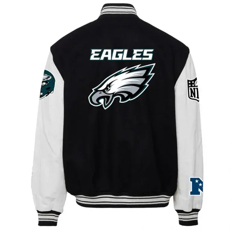 Philadelphia Eagles Black Wool & White Genuine Leather Sleeves Men's Varsity Letterman Jacket