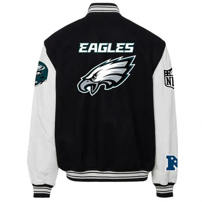 Philadelphia Eagles Black Wool & White Genuine Leather Sleeves Men's Varsity Letterman Jacket